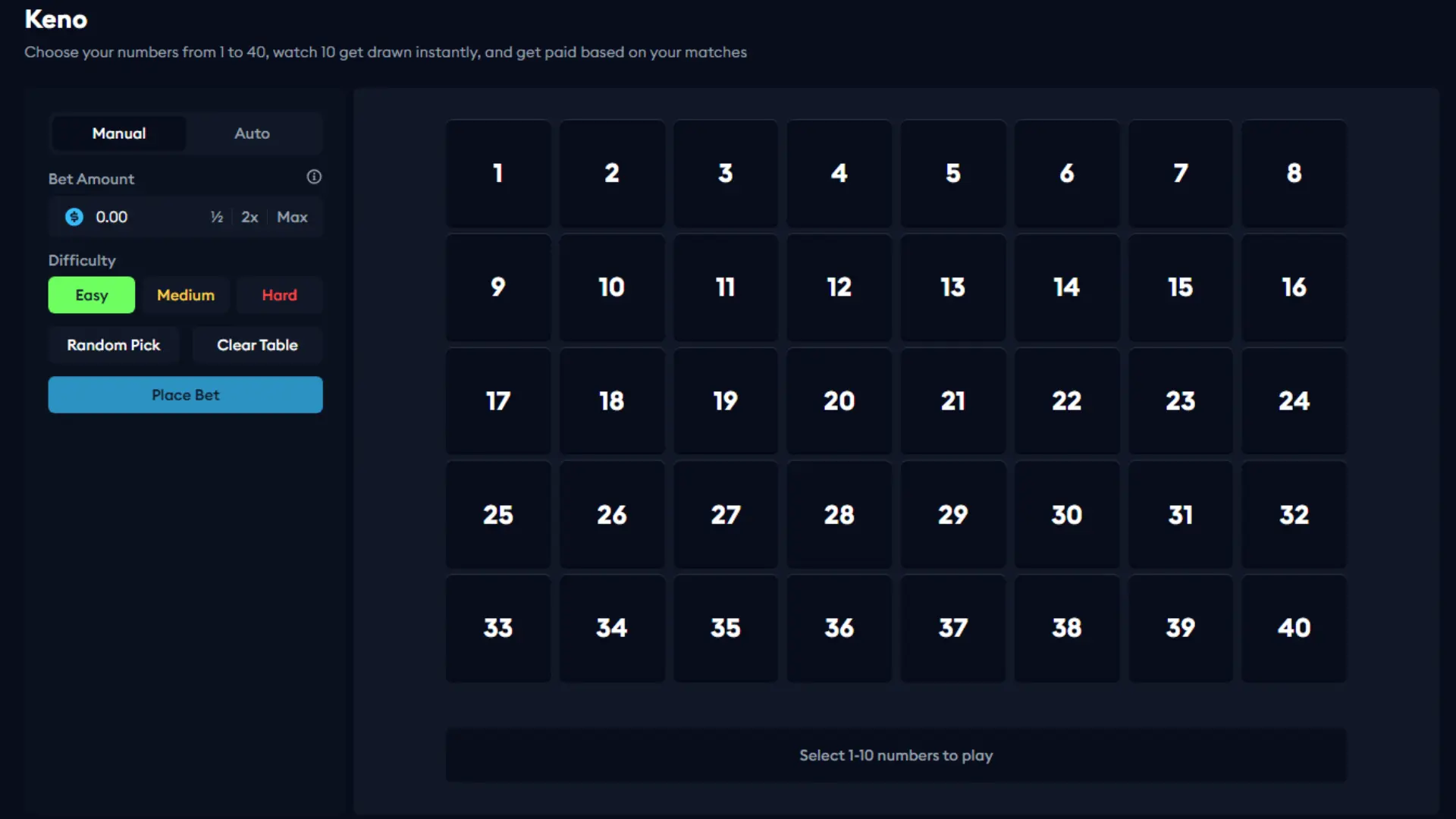 Keno game interface on EarnLab showing the number grid, drawn balls and paytable